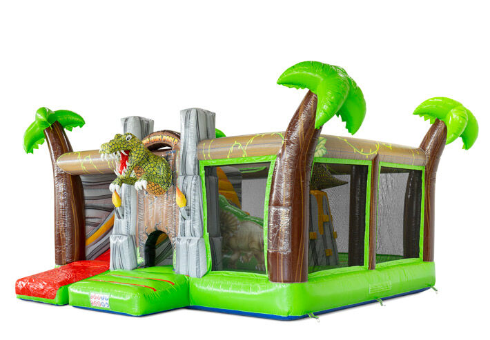 Castello gonfiabile a tema dinosauri con dinosauri 3D realistici e ostacoli.