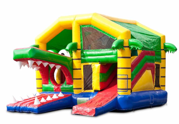 Compre um castelo insuflável multijogador interno com escorregador e tema de crocodilo para crianças. Encomende castelos insufláveis ​​online na JB Insufláveis ​​Portugal