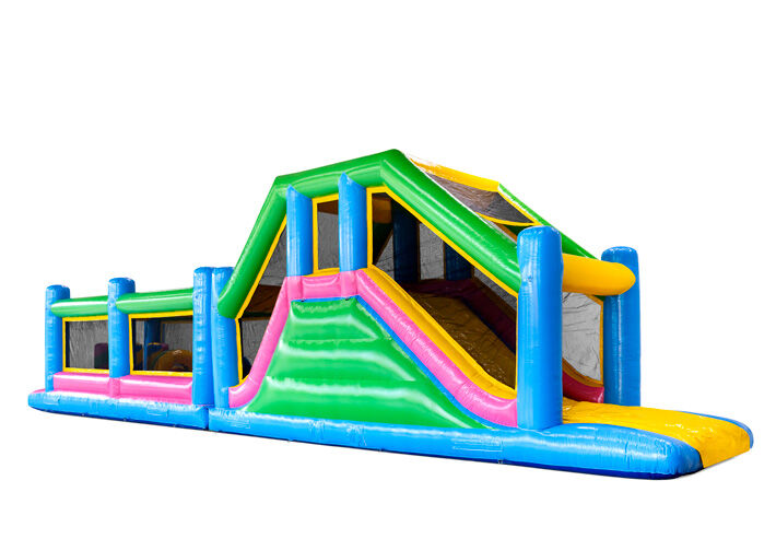Stormbaan 17 meter Happy Colors kleurrijke opblaasbare hindernisbaan te bestellen bij JB Inflatables