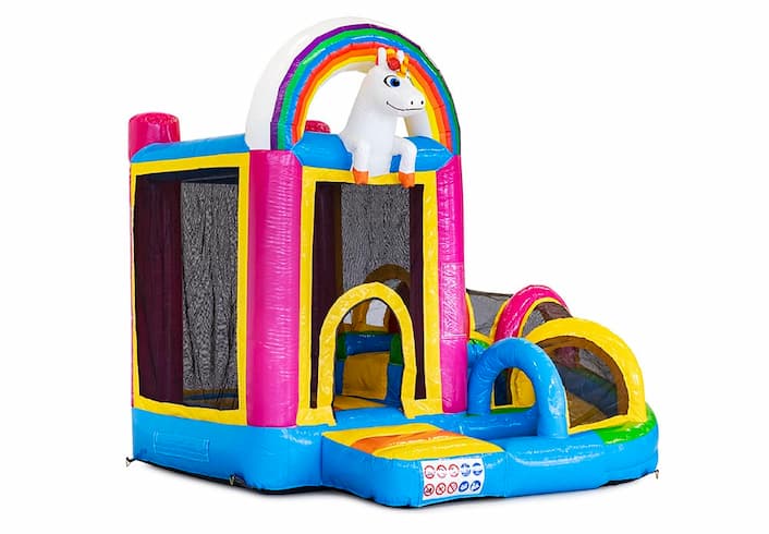 Mini inflatable multiplay bouncy castle in unicorn theme for children. Order inflatable bouncy castles online at JB Inflatables UK