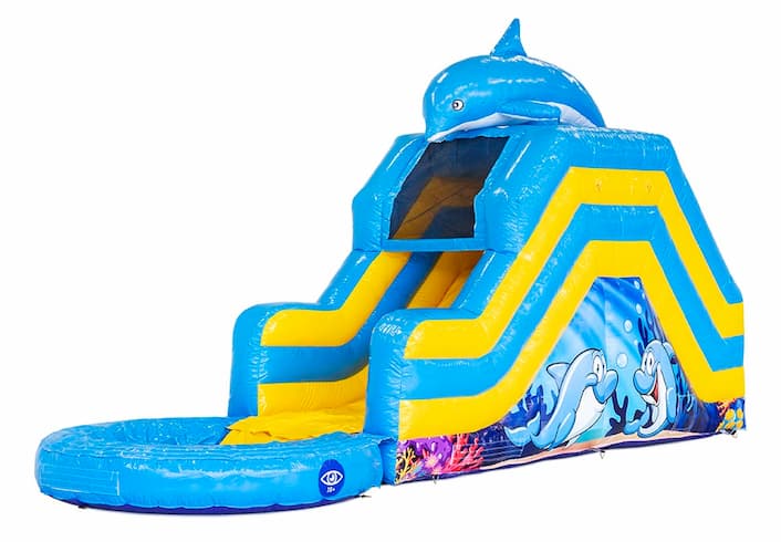 Compre castelo insuflável com toboágua para o jardim no tema golfinho para crianças. Encomende castelos insufláveis online na JB Insufláveis ​​Portugal