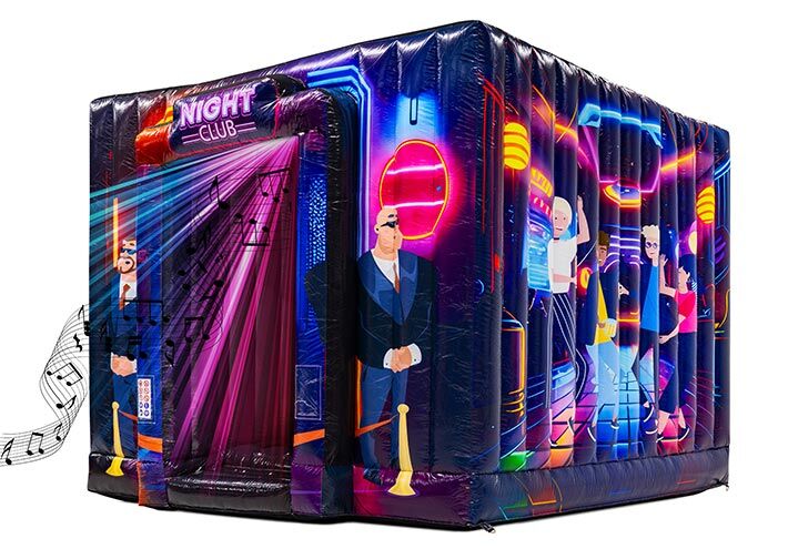 Château gonflable carré disco avec des notes de musique et des lumières disco