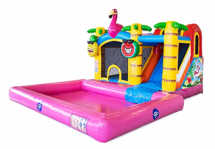 Dmuchany zamek Jumpy Happy Splash różowo żółty z kąpielą wodną i z motywem flaminga. Kolorowy plac wodny dla dzieci z opcja skakania zamów online w JB Dmuchance