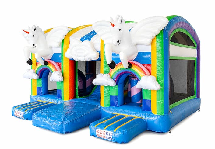 Kaufen sie eine große aufblasbare indoor-multiplay-hüpfburg mit rutsche im thema einhorn für kinder. Bestellen sie hüpfburgen online bei JB-Hüpfburgen Deutschland