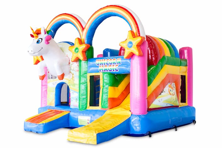 Buy indoor inflatable multiplay bouncy castle in the theme rainbow unicorn with slide for children. Order inflatable bouncy castles online at JB Inflatables UK