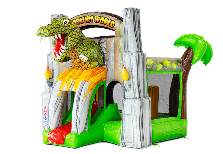 Parco giochi gonfiabile sicuro con reti e un'avventurosa entrata a forma di dinosauro.