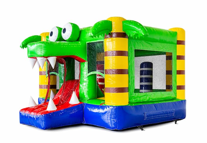 Compre um pequeno castelo insuflável multijogador com escorregador para crianças no tema crocodilo. Encomende estes pequeno castelos insufláveis ​​online em JB Insufláveis ​​Portugal