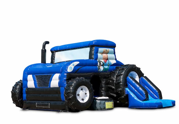 Buy inflatable covered blue maxi multifun bouncy castle with slide in tractor theme for children. Order bouncy castles online at JB Inflatables UK