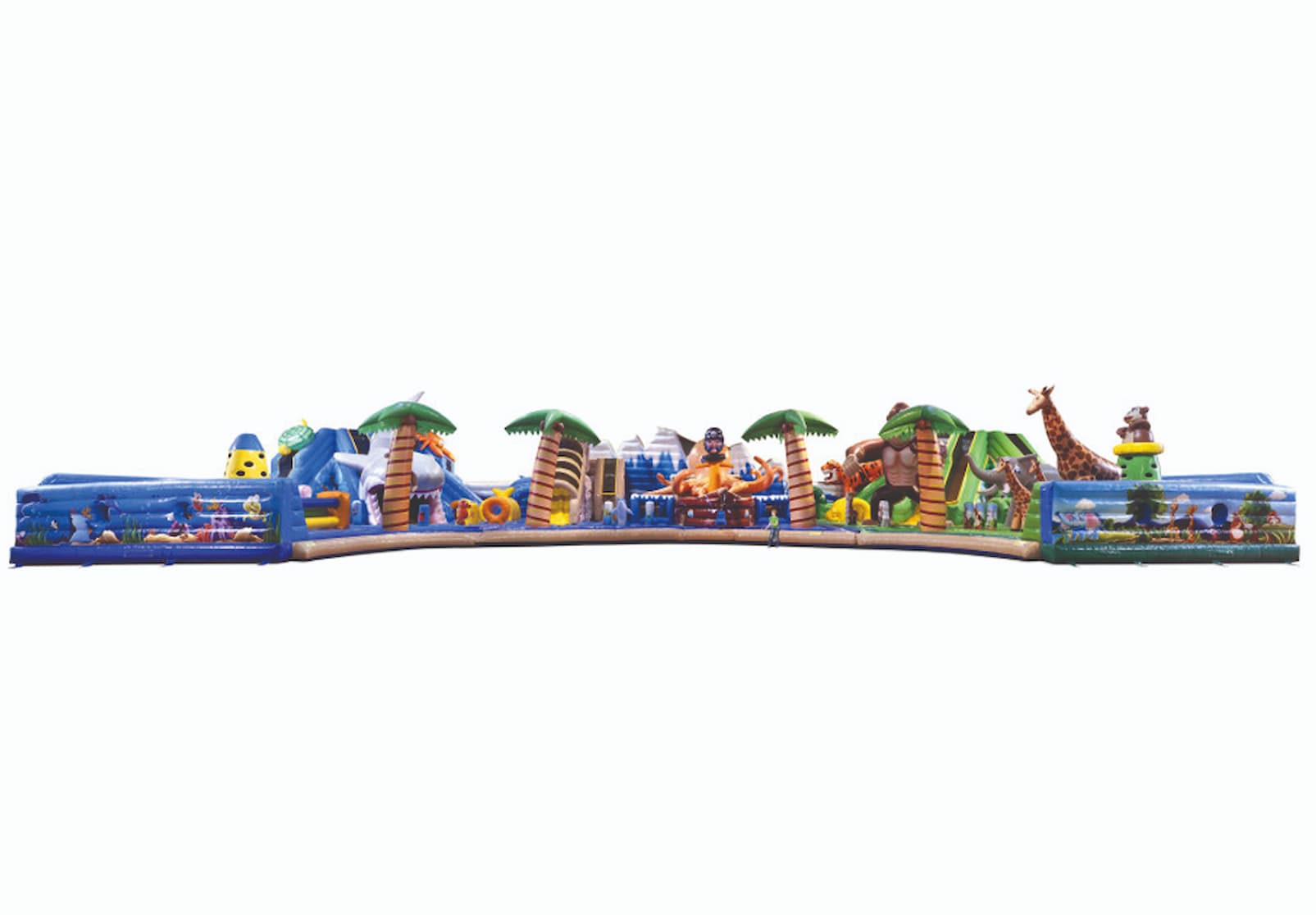 Acquista il più castello gonfiabile gigante d'Europa nel tema giungla, animali e mondo marino con scivolo da arrampicata per bambini. Ordina parco giochi gonfiabili online su JB Gonfiabili Italia