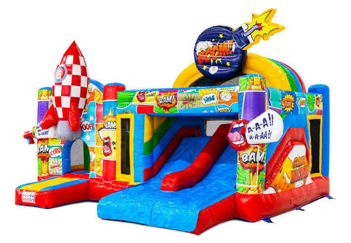 Multiplay Dubbelslide springkussen met twee glijbanen in comic thema