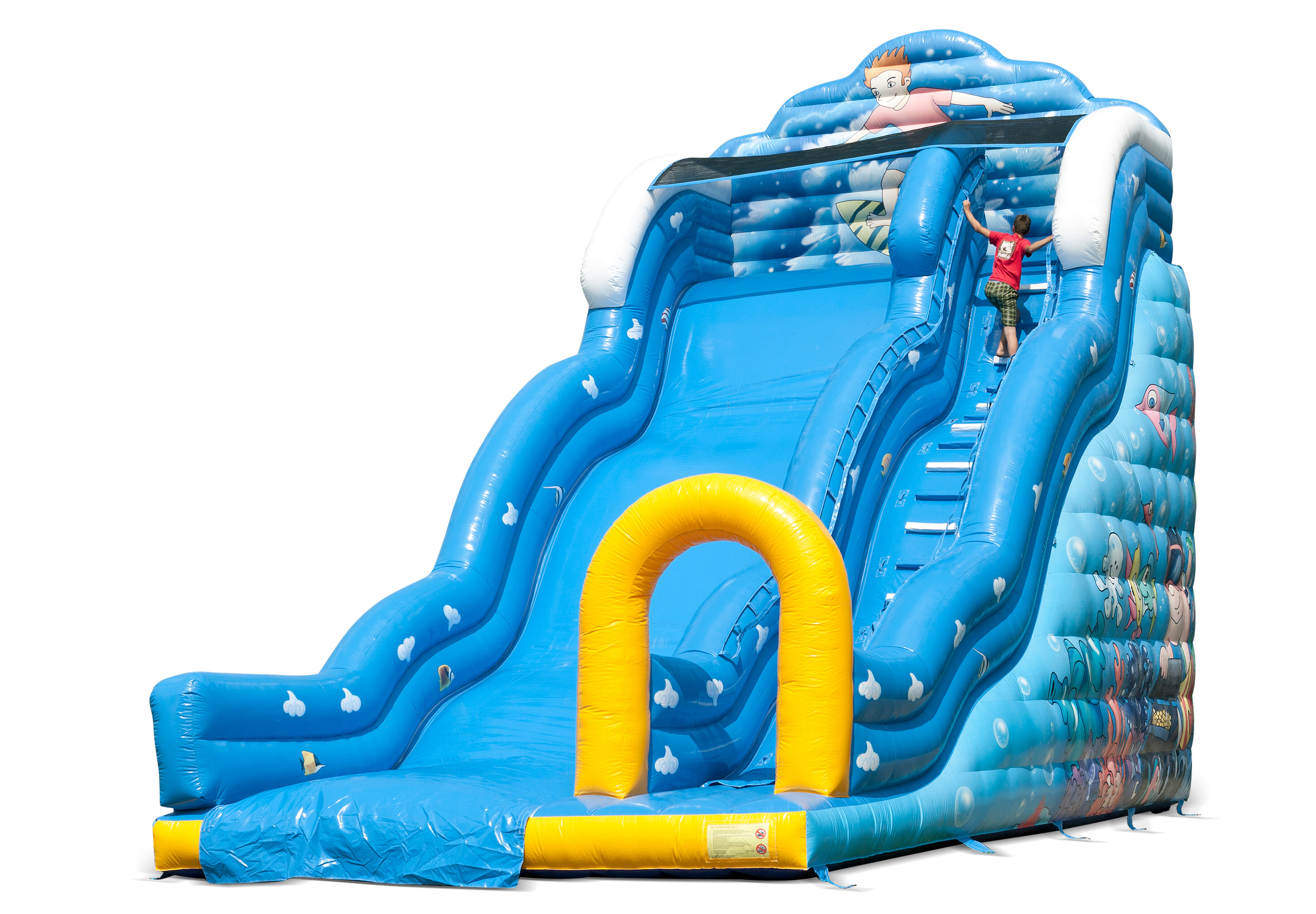 Le toboggan gonflable dans le thème Wave avec des surfaces de glissement ondulées achète des impressions amusantes du monde sous-marin pour les enfants. Commandez des toboggans gonflables maintenant en ligne chez JB Gonflables France