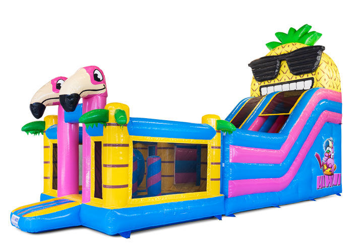 Méga château gonflable avec toboggan au thème tropical pour l'été