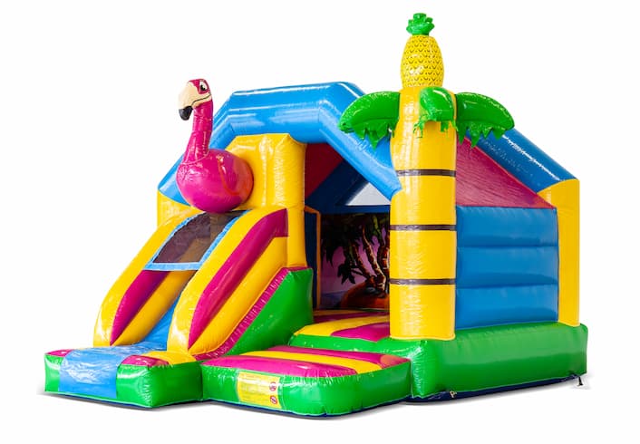 Order inflatable slide combo bounce house with pink flamingo at JB Inflatables UK. Inflatable flamingo-themed bounce houses with slide for sale at JB Inflatables UK
