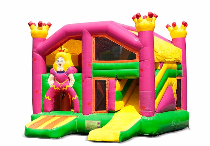 Springkasteel in prinses thema met een glijbaan bestellen voor kinderen. Koop opblaasbare springkastelen online bij JB Inflatables Nederland