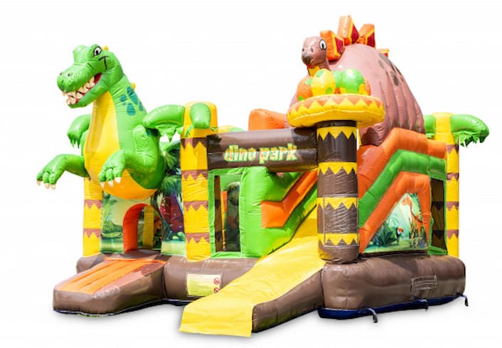 Compre un castillo inflable cubierto en el mundo temático dinoworld con tobogán, para niños. Ordene castillos inflables en línea en JB Hinchables España