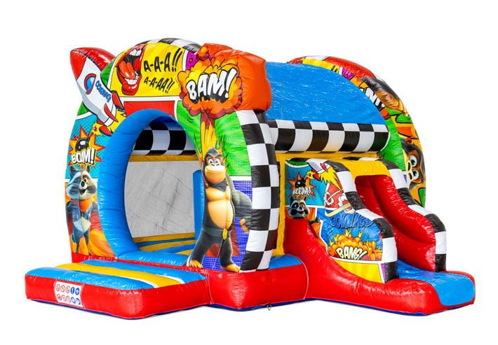 Castillo hinchable Bouncedome with Slide Comic con tobogán disponible en JB Hinchables