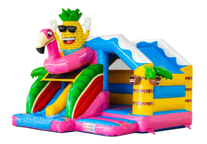Castillo Hinchable Double Slide Slide Combo con dos toboganes en el tema Hawaii Flamingo