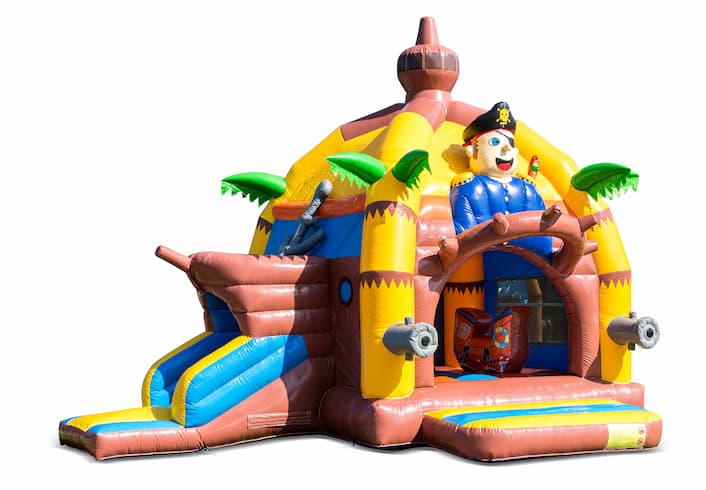 Buy inflatable indoor multifun super bouncy castle with slide in pirate theme for children. Order bouncy castles online at JB Inflatables UK