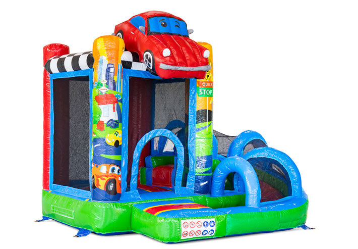 Speels raceauto springkussen met glijbaan