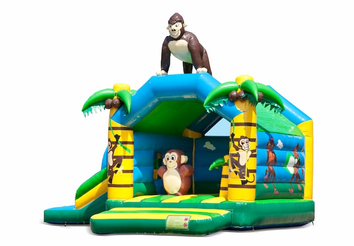 Compre un castillo hinchable de interior multifuncional con tobogán en un tema de la jungla con un gorila para los niños. Ordene castillos hinchables en línea en JB Inflatables Países Bajos