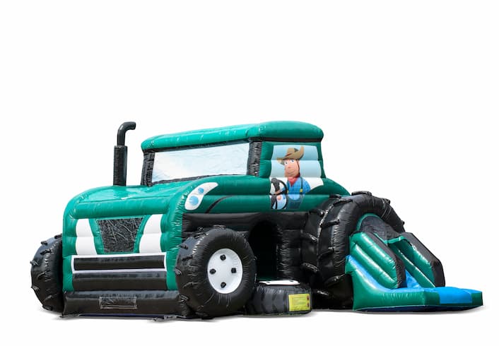 Buy inflatable indoor green maxi multifun bouncy castle with slide in tractor tractor theme for children. Order bouncy castles online at JB Inflatables UK