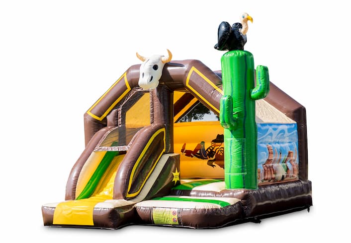 Klein overdekt opblaasbaar multiplay springkussen met glijbaan kopen in thema cowboy western voor kinderen. Bestel nu opblaasbare springkussens met glijbaan bij JB Inflatables Nederland