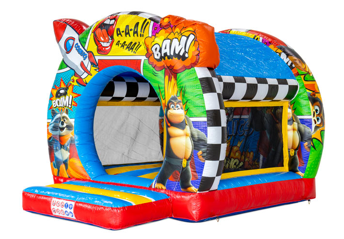 Springkussen Bouncedome Comic van JBInflatables met kleurrijke comic prints en speel elementen binnenin, ideaal als compacte attractie voor evenementen