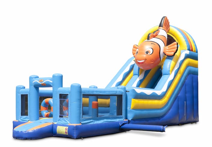 Toboggan gonflable multifonctionnel sur le thème du poisson-clown avec une pataugeoire, un objet 3D impressionnant, des couleurs fraîches et des obstacles 3D pour les enfants. Achetez des toboggans gonflables maintenant en ligne chez JB Gonflables Fran...