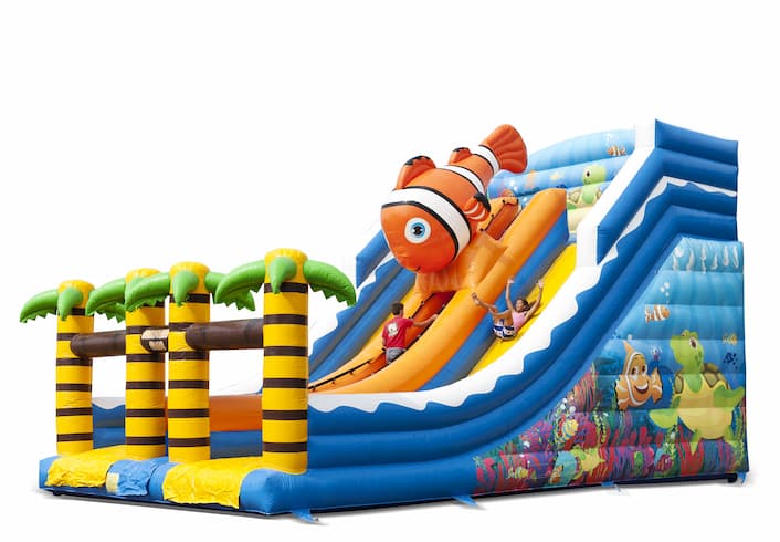 Inflatable slide with a seaworld theme with funny 3D figures and colorful prints for kids. Order inflatable slides now online at JB Inflatables UK