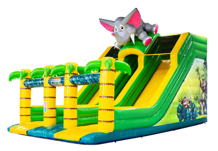 Inflatable high slide bouncy castle in jungle theme with 3D elephant