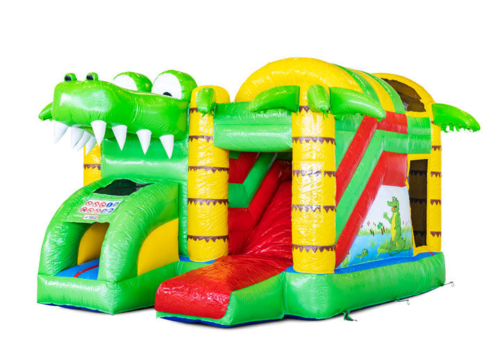 Comprar Castillo Hinchable Mini Multiplay hinchable cubierto con tobogán en tema Cocodrilo para niños. Pide ahora castillos hinchables en JB Hinchables España