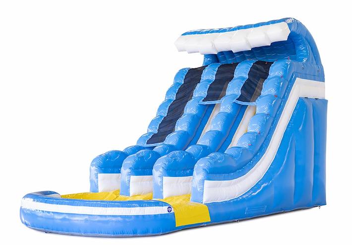 Pide un gran tobogán hinchable en azul y amarillo para niños