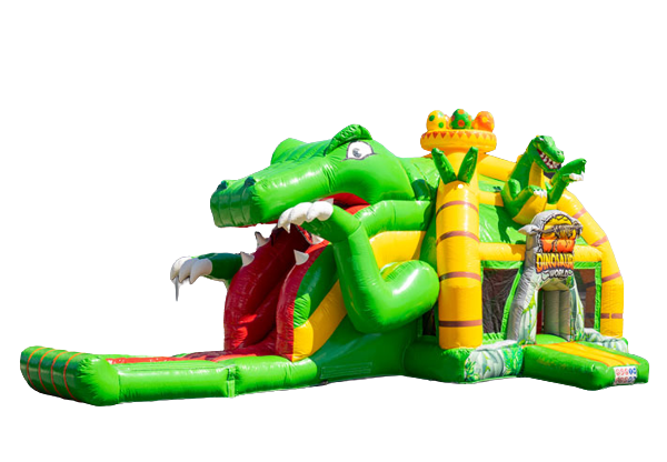 Comprar colchón de aire hinchable multiplay con tobogán en tema dino verde amarillo