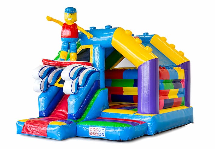 Buy a small indoor inflatable multiplay bouncy castle with slide in the theme superblocks lego for children. Order now inflatable bouncy castles with slide at JB Inflatables UK