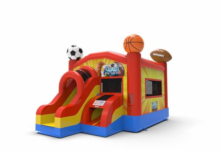 Buy an inflatable frontslide combo 13ft bounce house in the sports theme for both young and old. Order inflatable bounce houses online for sale at JB Inflatables America