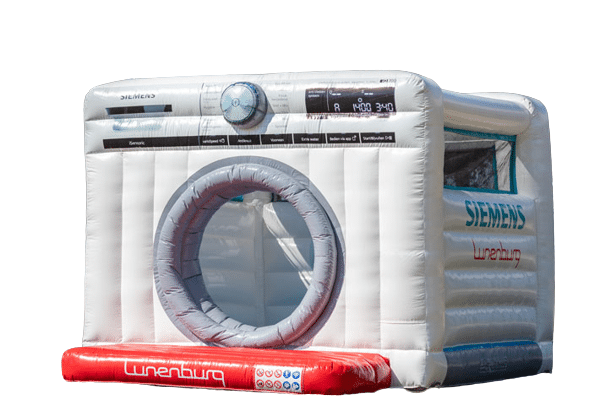 Custom made springkussen in vorm van een wasmachine van siemens als blikvanger promotie middel