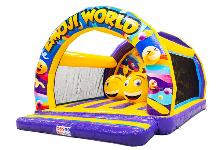 Castillo hinchable Emoji World colorido con caras sonrientes, en venta.