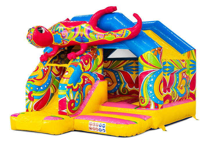 Zamek dmuchany Combo ze zjeżdżalnią w kolorach żółtym, niebieskim, różowym i z kwiatami