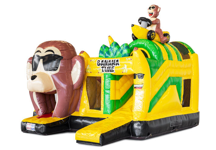 Venta de gorila hinchable con temática de mono banana con obstáculos y tobogán