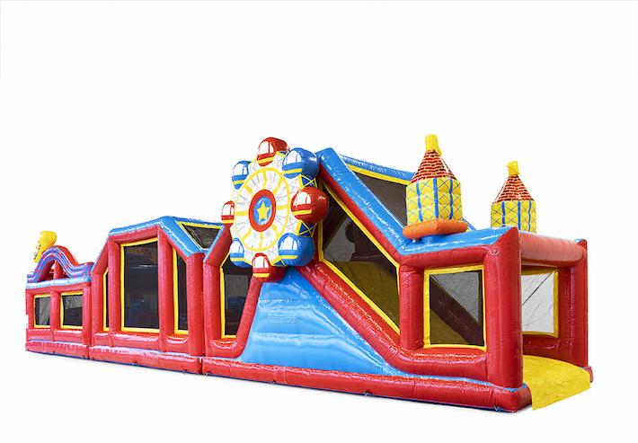 Buy inflatable 19 meter modular obstacle course in the theme rollercoaster with matching 3D objects and double courses in different themes for kids. Order inflatable obstacle courses now online at JB Inflatables UK