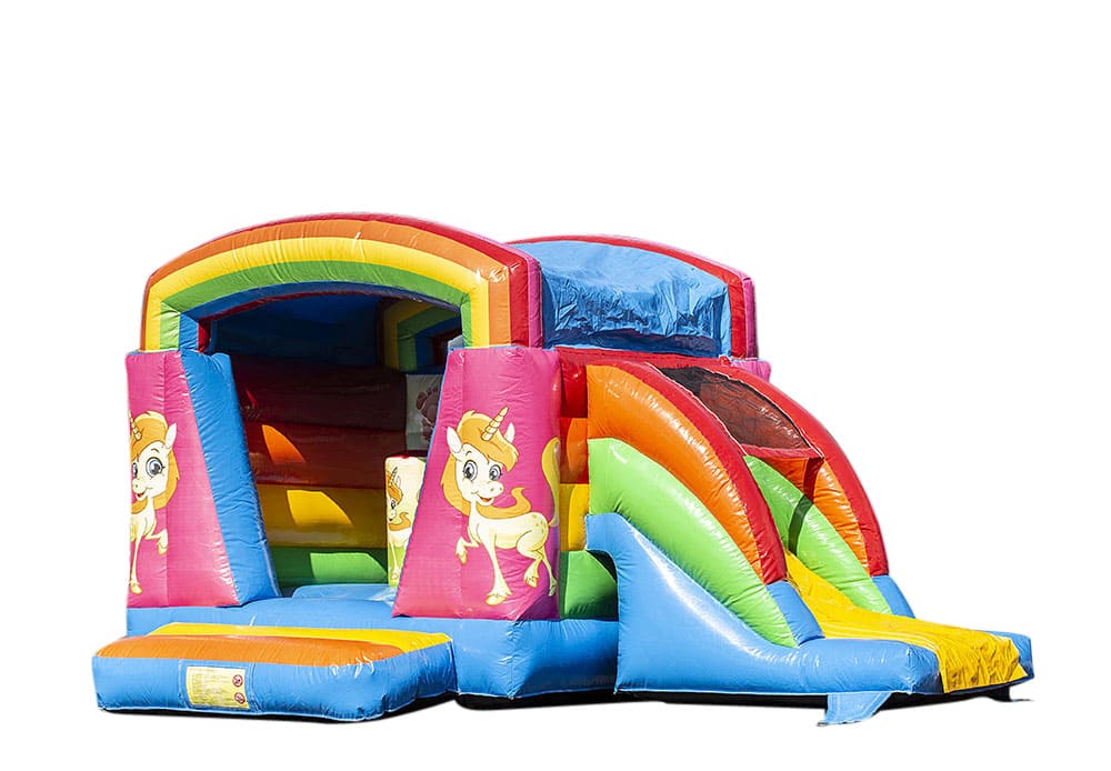 Compra un pequeño castillo hinchable de interior multifuncional con tema unicornio para niños. Ordena castillos hinchables en línea en JB Hinchables España