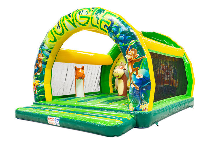Castillo hinchable Jungle con animales coloridos, disponible para la venta.