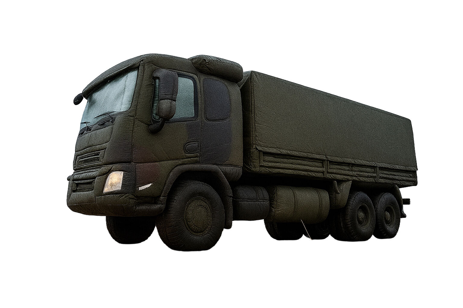 Camouflagekleurige opblaasbare legertruck 6x6, inzetbaar als afleidingsvoertuig