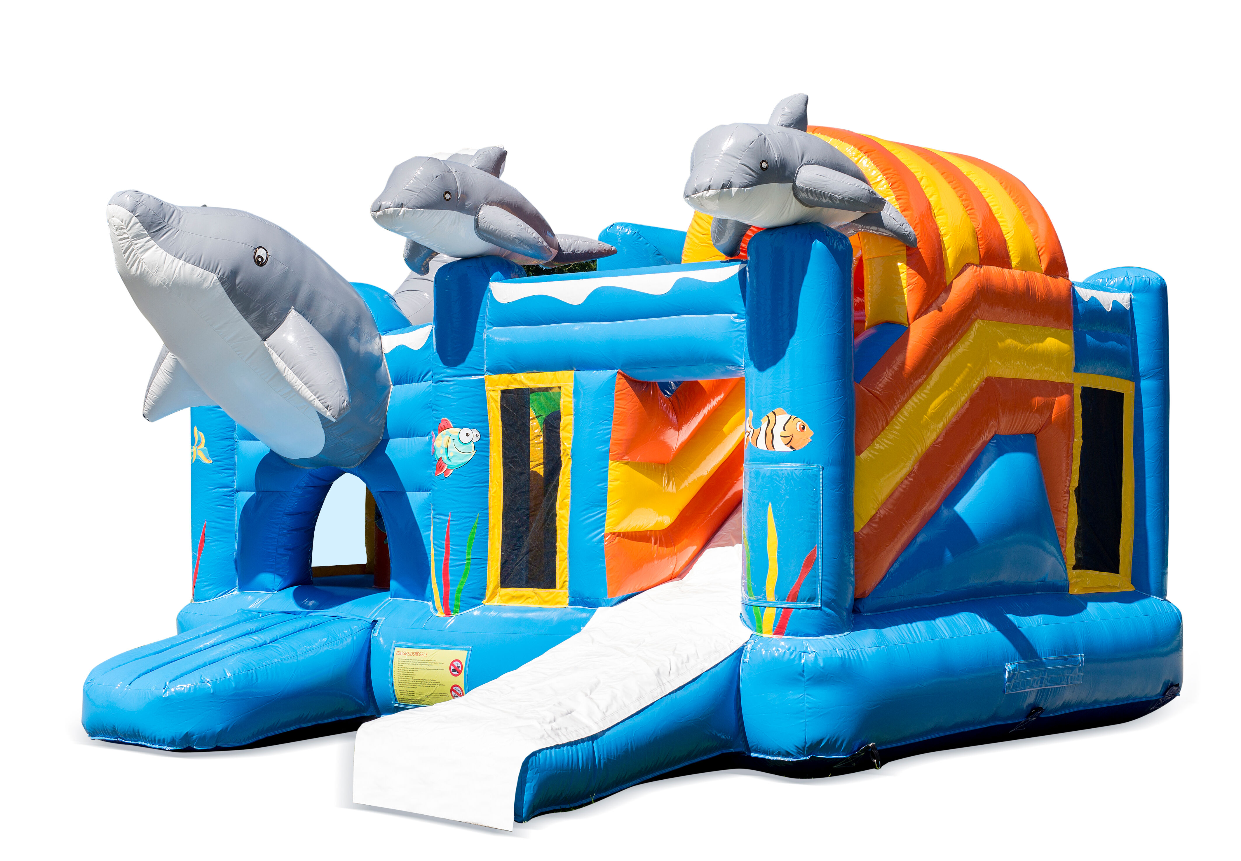 Comprar castlillo inflable azul multiplay inflable abierto en el tema delfín con tobogán para niños. Ordene castillos inflables en línea en JB Hinchables España