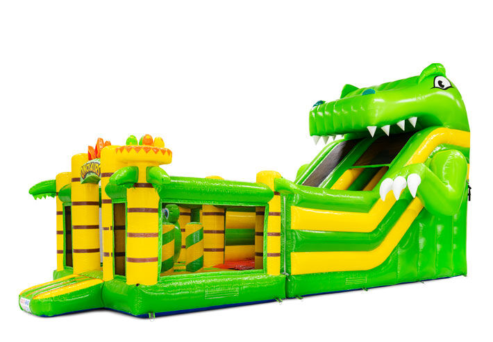 Tema de dinosaurio amarillo-verde deslizándose saltando jugando en tobogán Multiplay