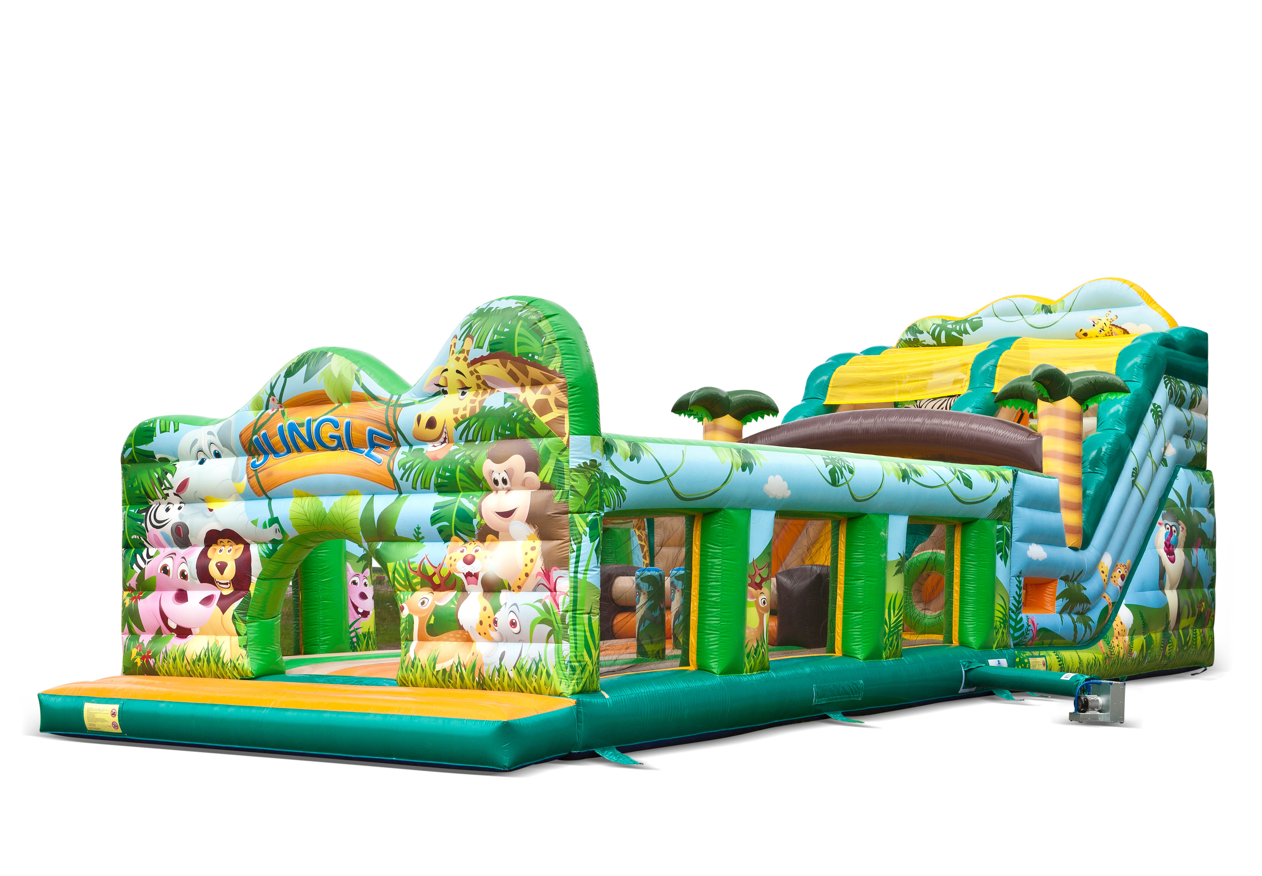 Mega inflatable slide in Jungle world theme with 3D obstacles for children. Buy inflatable slides now online at JB Inflatables UK