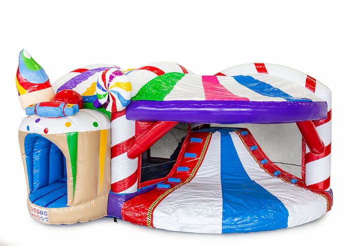 Comprar castillo inflable de interior multijugador con tobogán en tema Candyland para niños. Ordene castillos inflables en línea en JB Hinchables España