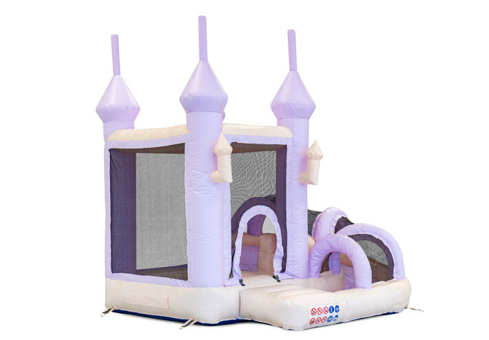 Bouncer with slide bouncy castle for sale in pastel color purple mint for children. Buy indoor inflatables online at JB Inflatables America