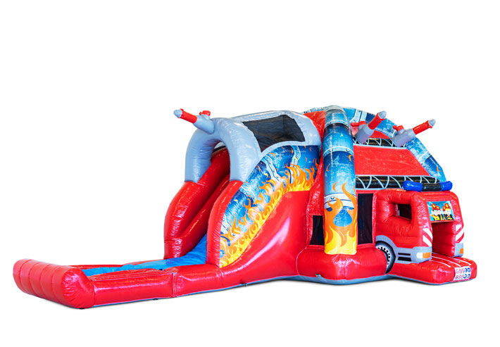 Groot opblaasbaar overdekt Multiplay Super springkussen met glijbaan kopen in thema Brandweer voor kinderen. Bestel springkussens online bij JB Inflatables Nederland
