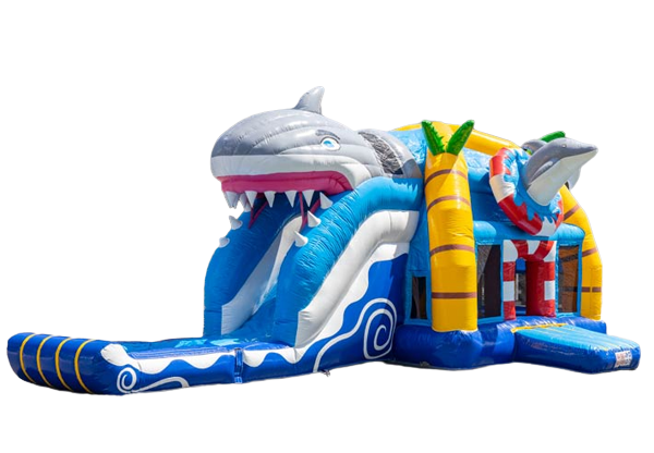 Comprar colchón de aire súper inflable multiplay con tobogán en tema del mundo del agua para niños